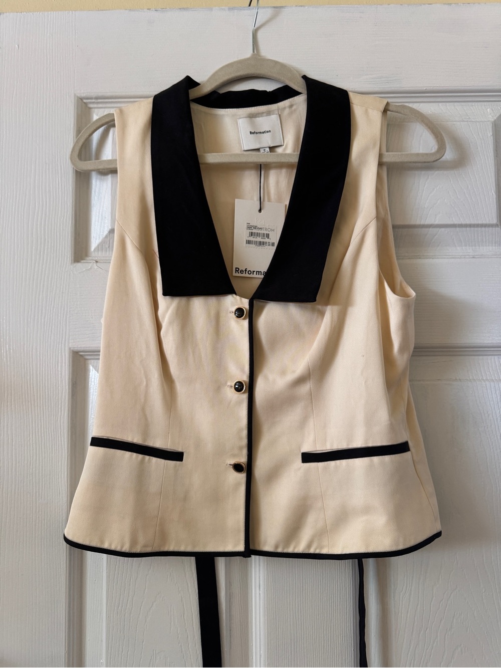Reformation Cream Vest with Black Collar and Trim